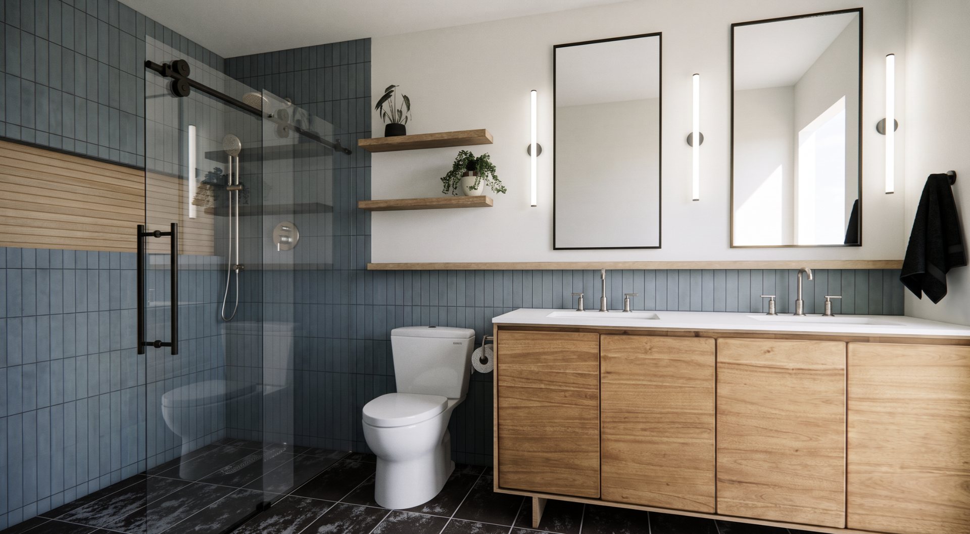 Bathroom rendering with blue vertical tile, warm wood vanity, and a glass walk-in shower from a custom home design
