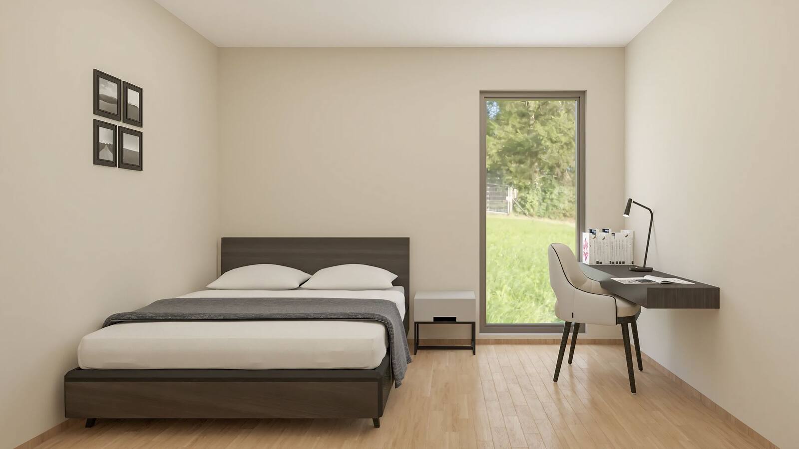 Primary bedroom rendering with large window and mountain views — The Perch, Mars Hill NC