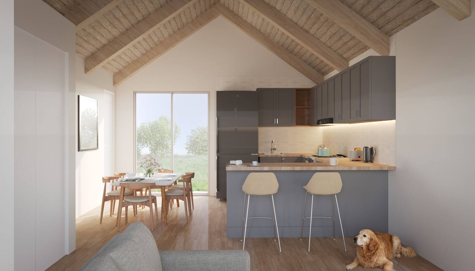 Open kitchen and dining rendering with vaulted wood ceiling — The Perch, Mars Hill NC