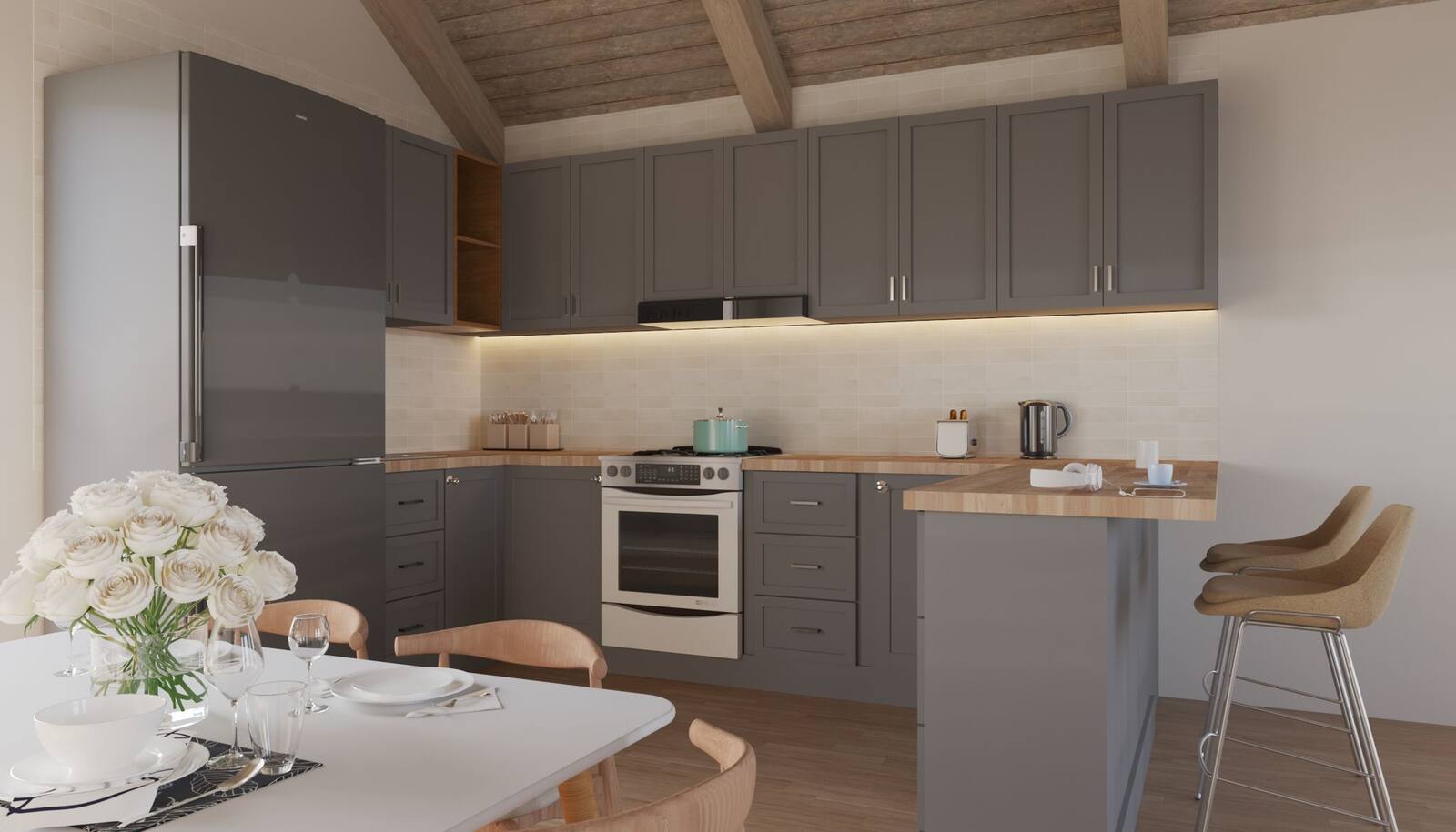 Kitchen and living area rendering showing vaulted ceiling and natural light — The Perch, Mars Hill NC