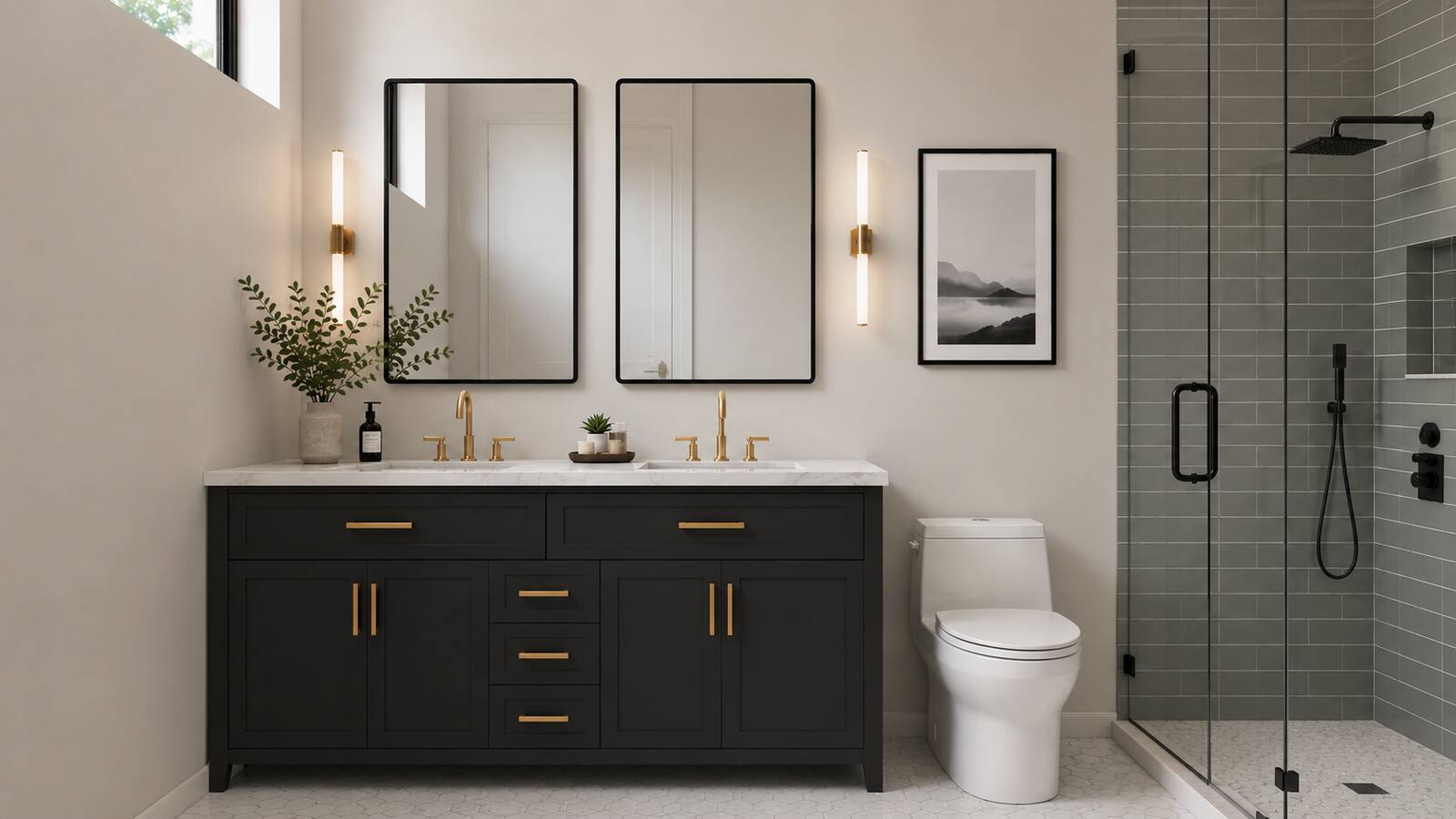 Primary bathroom rendering with double vanity and glass shower — The Perch, Mars Hill NC