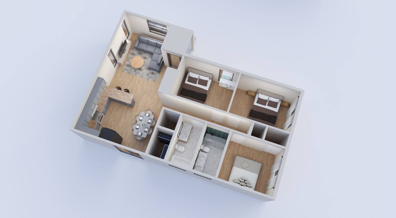 3D floor plan rendering of The Perch, a 1,200 square foot luxury mountain home in Mars Hill NC