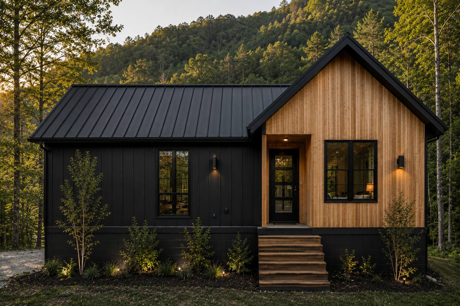 The Perch, a luxury mountain home under construction in Mars Hill, NC, rendering of black board-and-batten exterior with cedar accents at dusk